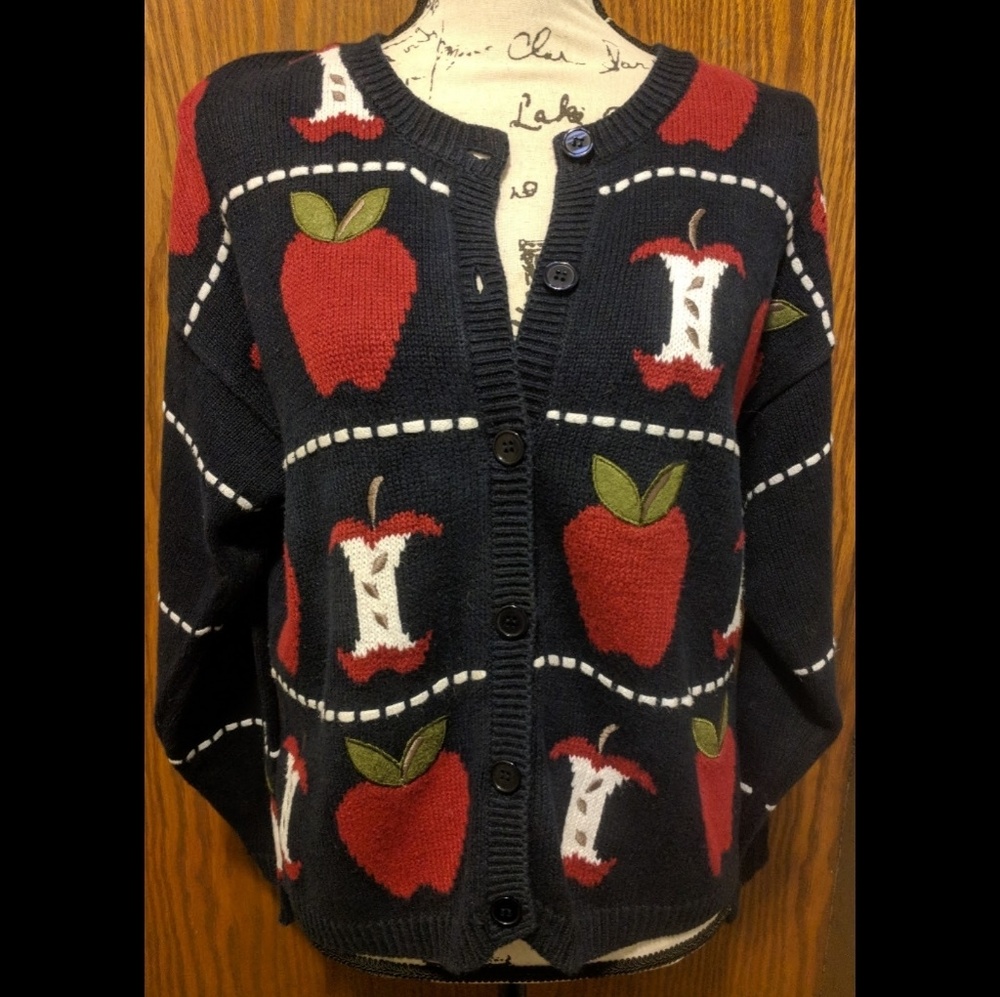 Hand Embroidered Apple Cardigan Sweater Size M